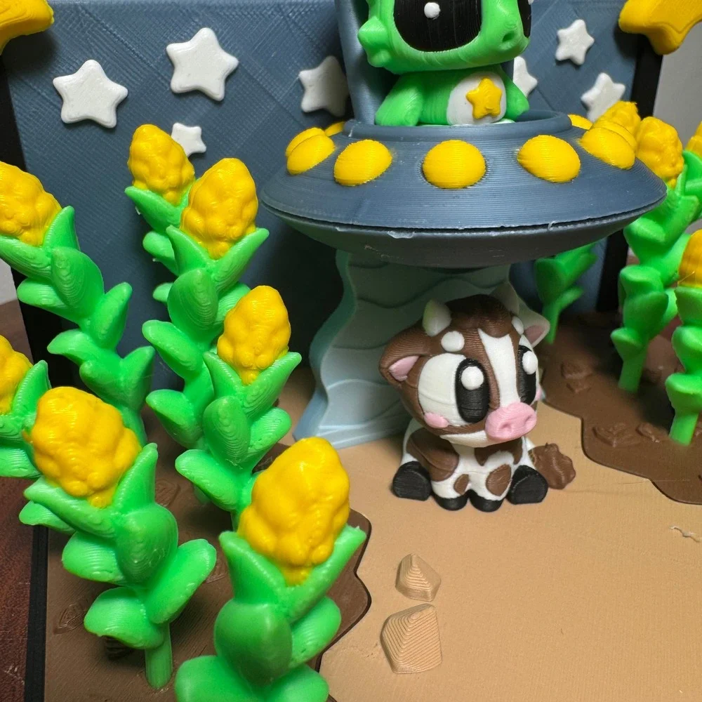 3D Printed Alien‎ UFO Cow Abduction Cornfield Diorama Toy Decor Multi-Color